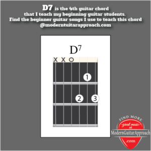 D7 is the 4th guitar chord that I teach my beginning students.  Once you can play D7, G & C - you'd be surprised at how much music you can play.  Find some great songs to use to learn this chord at https://modernguitarapproach.com/easy-songs-for-guitar/.  They are free to save and print.  #learnguitar #guitarlessons @modernguitarapproach