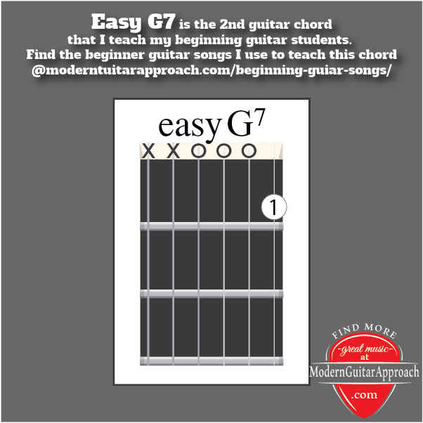 Easy G7 - The 2nd Chord I teach my beginning guitar students. The goal of ModernGuitarApproach.com is to teach others how to play the guitar in the most enjoyable way possible without losing sight of important musical concepts. It is a resource for other guitar teachers, guitar players, and students and is full of guitar lessons, tutorials, free printable songs, beginning and intermediate #guitarlessons, lessons through #guitarsongs, #tablature, sheet music, and #chord charts.