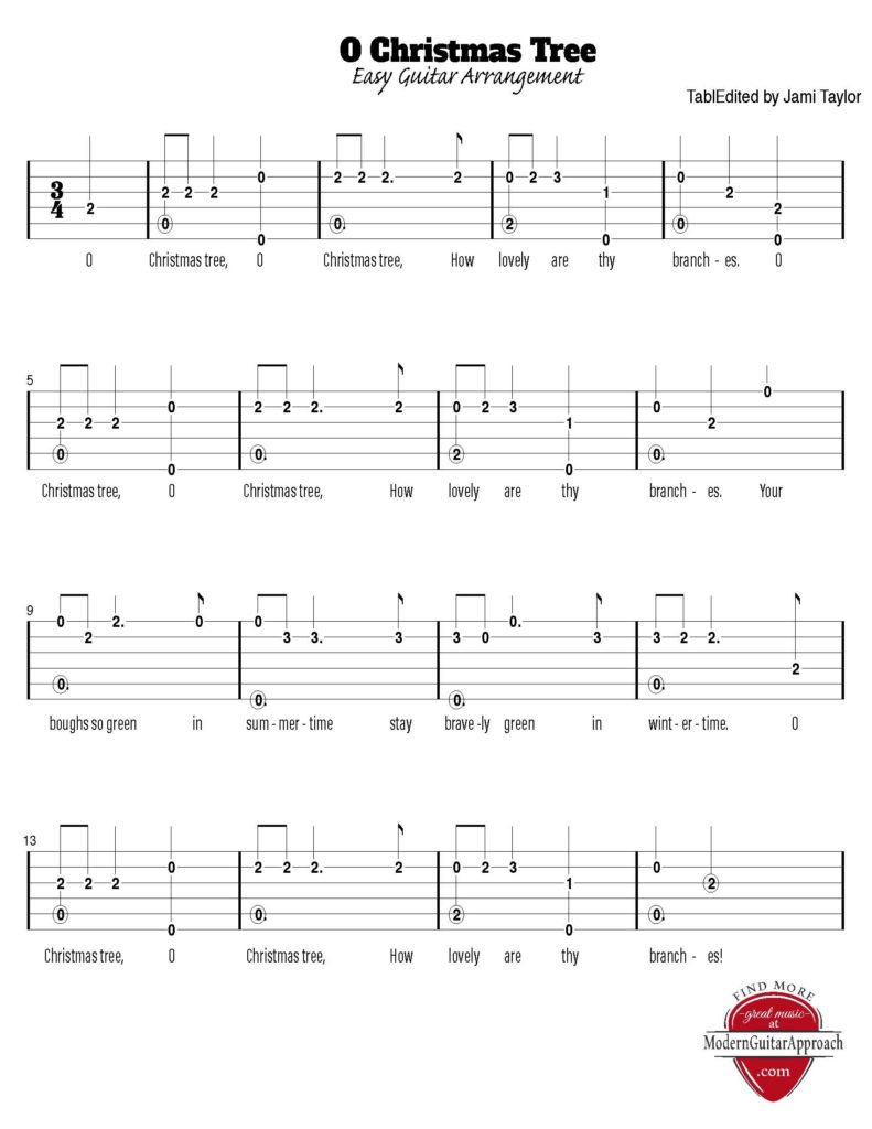O Christmas Tree - Easy Fingerstyle Guitar Tab.  The goal of ModernGuitarApproach.com is to teach others how to play the guitar in the most enjoyable way possible without losing sight of important musical concepts. It is a resource for other guitar teachers, guitar players, and students and is full of guitar lessons, tutorials, free printable songs, beginning and intermediate guitar lessons, lessons through guitar songs, tablature, sheet music, and chord charts.