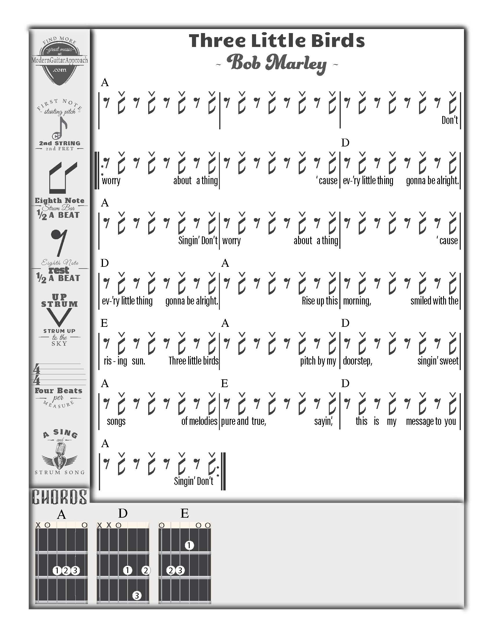 Three Little Birds is a great way to learn how to play the A chord.  It is free to download and print.  I usually teach this song after my students have already learned E and D.  This song uses a reggae strum pattern. When you see an eighth rest, mute the strings with your fingers and then strum up for the upstrum.  This will get you a great reggae sound.  #learnguitar #guitarteacher @modernguitarapproach