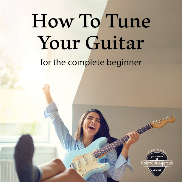 Before you can begin to play song, you need to tune your guitar.  This post will help someone who has never played before learn how to tune their guitar by using a tuner.  #learnguitar #guitarlessons Modern Guitar Approach