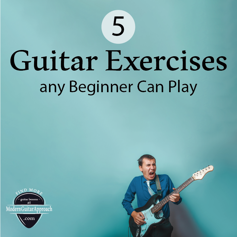 Learning the guitar is easier to accomplish when it is accompanied by warm-ups or exercises.  These 5 guitar exercises will help you learn the guitar faster and are easy enough for any beginner to play.  #learnguitar #guitarlessons Modern Guitar Approach www.modernguitarapproach.com