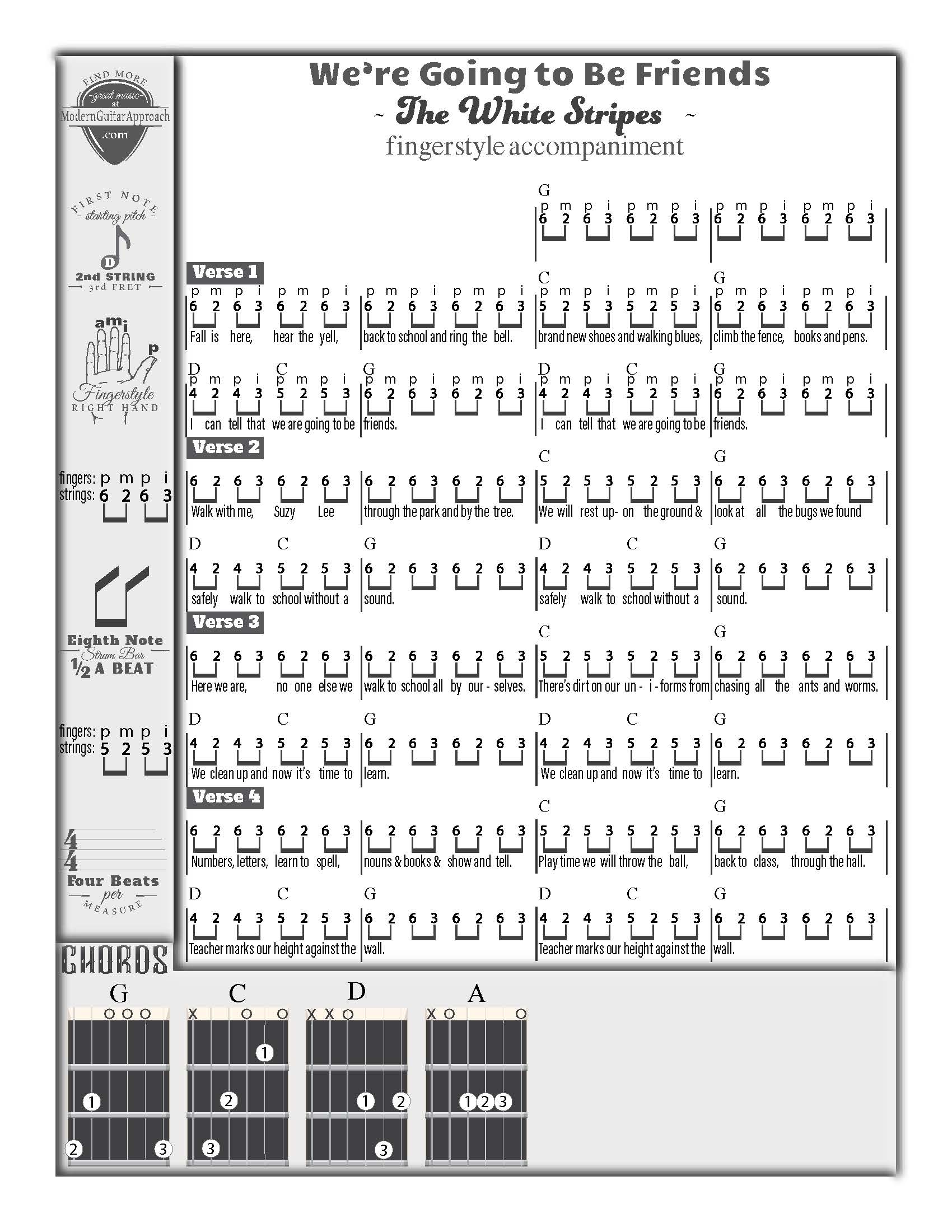 We're Going to Be Friends - by the White Stripes.  This is the first fingerpicking accompaniment song that I teach my students.  They already know these 4 beginner guitar chords and the picking pattern is very simple and slow.  This song is free to download and print at www.modernguitarapproach.com #learnguitar #guitarlesson