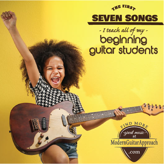 These are the first songs I teach all of my beginning guitar students. They use easy chords and can help anyone learn to play the guitar!  These seven songs only use three chords in their easiest version and focus on helping a new player learn to switch between all three chords.  #learnguitar #guitarlessons