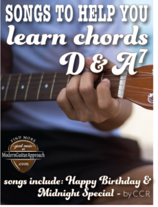 These beginning guitar songs with easy chords will help the beginning guitar player learn how to play the D chord and the A7 chord.  Songs include an easy fingerstyle tab & chord arrangement for Happy Birthday & Midnight Special from CCR #guitarlessons #learnguitar
