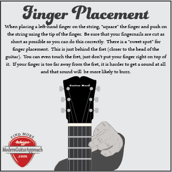 When placing a left-hand finger on the string, “square” the finger and push on the string using the tip of the finger. Be sure that your fingernails are cut as short as possible so you can do this correctly. There is a “sweet spot” for finger placement. This is just behind the fret (closer to the head of the guitar). You can even touch the fret, just don’t put your finger right on top of it. If your finger is too far away from the fret, it is harder to get a sound at all and that sound will be more likely to buzz.#learnguitar #guitarlessons Modern Guitar Approach