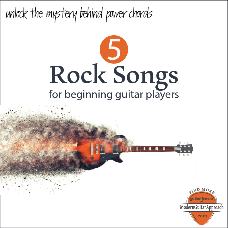 Unlock the mystery behind power chords.  These 5 great rock songs will help you learn power chords in an easy and systematic way.  In this lesson you'll find printable songs, chords and lyrics from the artists Blink 182, Bush, Black Sabbath, Poison, Blur and Eric Clapton.  #ModernGuitarApproach #learnguitar