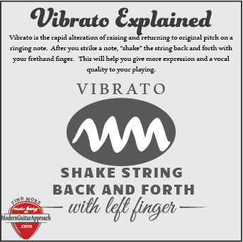 Vibrato is the rapid alteration of raising and returning to original pitch on a ringing note.  After you strike a note, “shake” the string back and forth with your frethand finger.   This will help you give more expression and a vocal quality to your playing. #learnguitar #guitarlessons @modernguitarapproach
